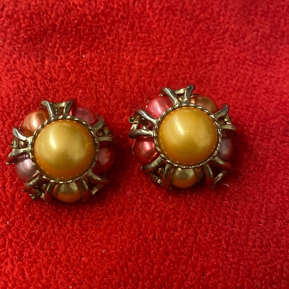 2 sets signed Japan faux pearl with crystals beaded gold clip on earrings